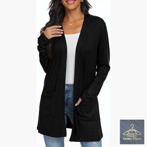 Lightweight Long Sleeve Open Front Cardigan with Pockets, Casual Wear